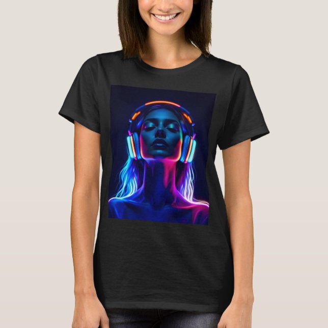 Neon Music Meditation – Woman with Headphones Art T-Shirt (Front)