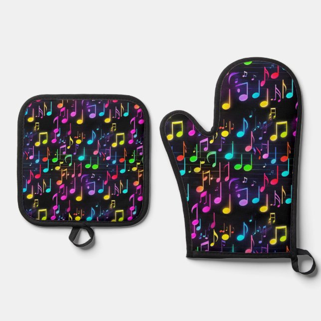 Neon Music Notes On Black Oven Mitt & Pot Holder Set (Front)