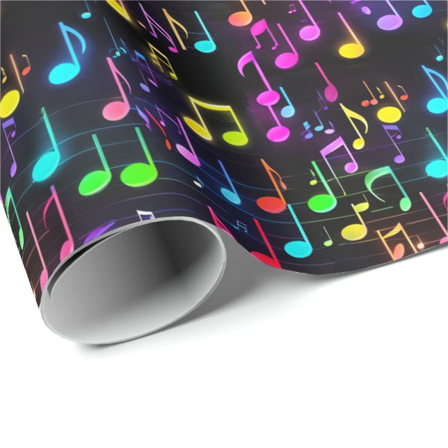 Neon Music Notes On Black Wrapping Paper (Roll Corner)