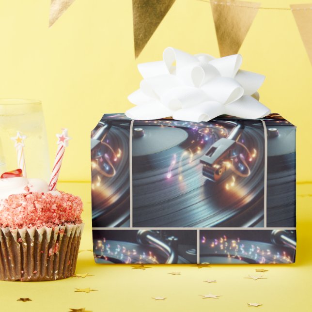 Neon Musical Notes On Turntable Wrapping Paper (Birthday Party)