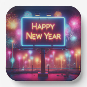 Neon New Year Billboard Paper Plate