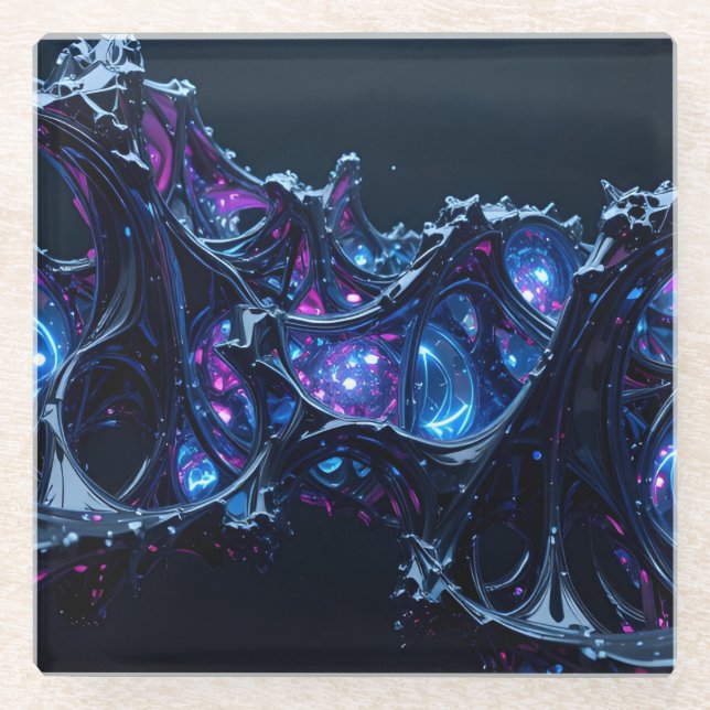 Neon Nexus: Interwoven Techno-Organic Structure Glass Coaster (Front)