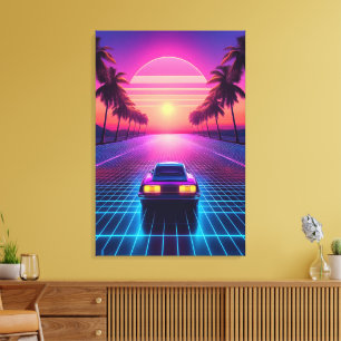 Neon Night Drive: Retro 80s Synthwave Sunset Canvas Print