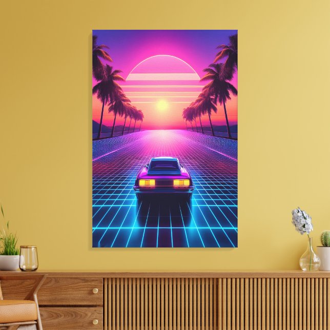 Neon Night Drive: Retro 80s Synthwave Sunset Canvas Print (Insitu(LivingRoom))