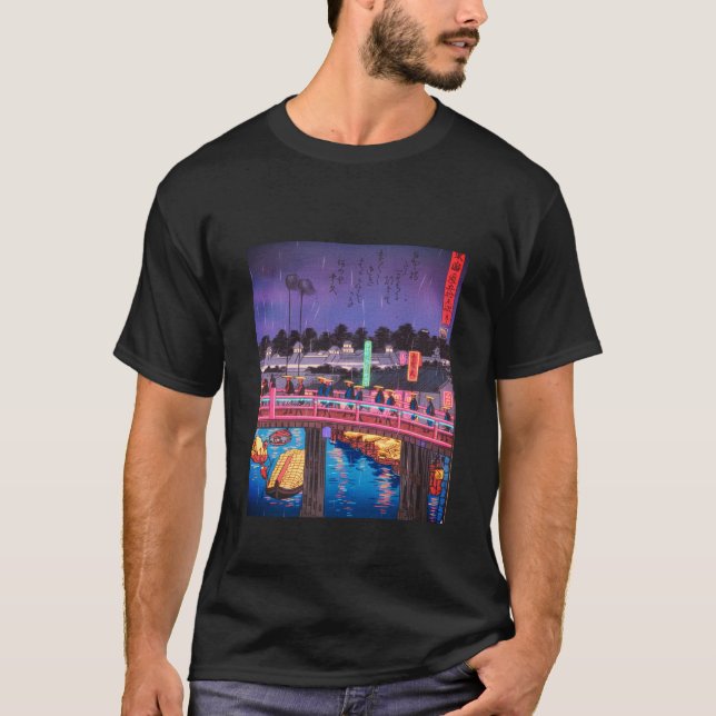 Neon Night Edo: Cyberpunk Nihonbashi & Mount Fuji T-Shirt (Front)