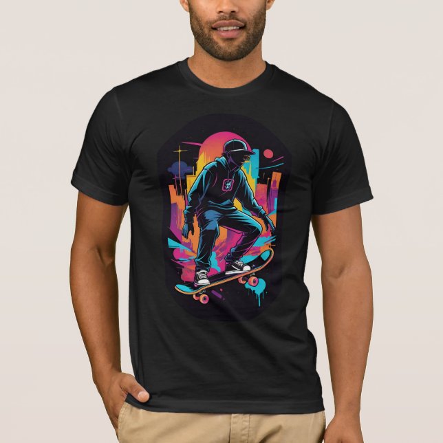 Neon Nights: Graffiti Skateboarder Art T-Shirt (Front)