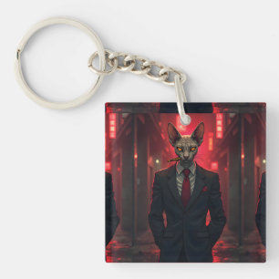 Neon Noir Sphynx Cat in Mafia Style Key Ring