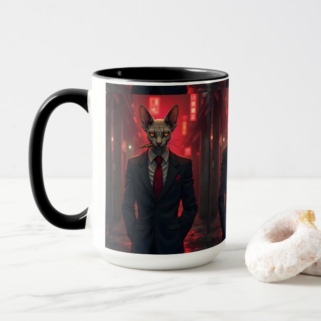 Neon Noir Sphynx Cat in Mafia Style Mug (With Donut)