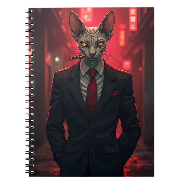 Neon Noir Sphynx Cat in Mafia Style Notebook (Front)