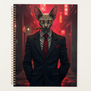 Neon Noir Sphynx Cat in Mafia Style Planner