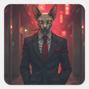 Neon Noir Sphynx Cat in Mafia Style Square Sticker