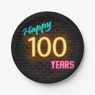 Neon number 100 sign on brick wall paper plate