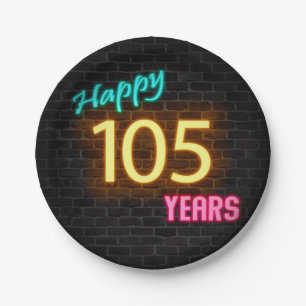 Neon number 105 sign on brick wall paper plate