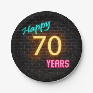Neon number 70 sign on brick wall paper plate