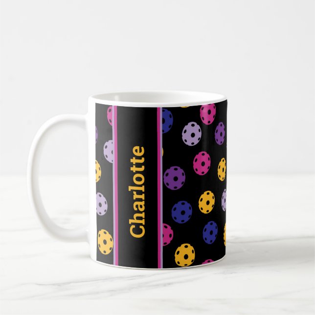Neon on black pickleball, custom name  coffee mug (Left)
