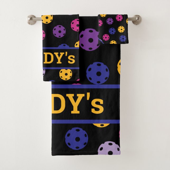 Neon on black pickleball, custom text bath towel set (Insitu)