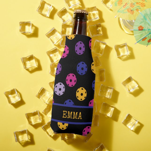 Neon on black pickleball, custom text  bottle cooler (In Situ Summer)