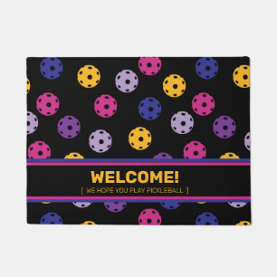 Neon on black pickleball,  custom text  doormat