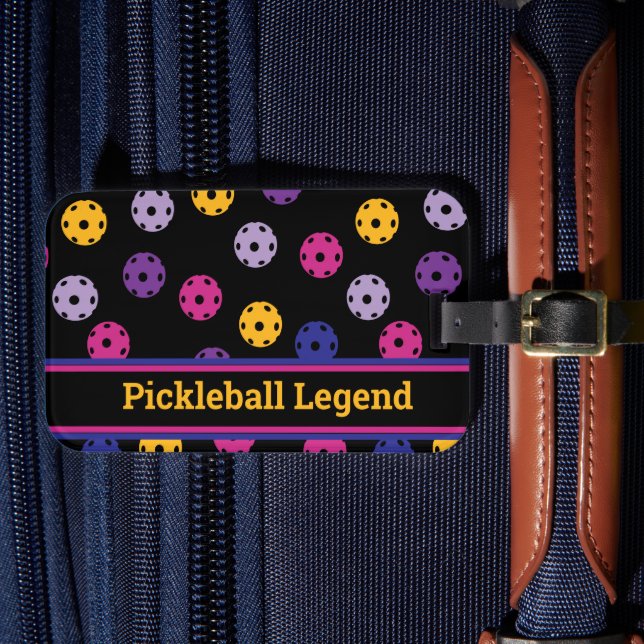 Neon on black pickleball, custom text luggage tag (Front Insitu 4)