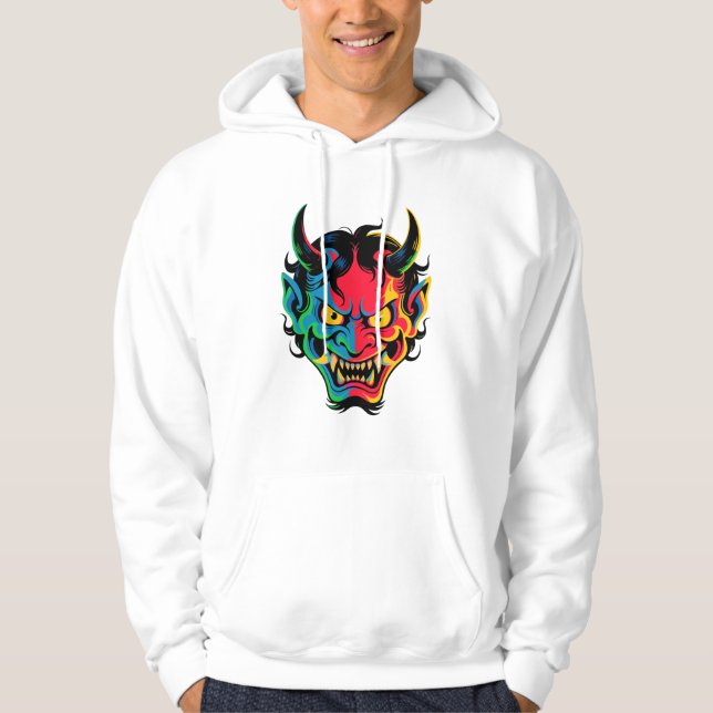 Neon Oni Rage – Colourful Japanese Demon Mask Vect Hoodie (Front)