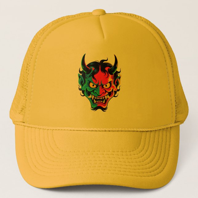 Neon Oni Rage – Colourful Japanese Demon Mask Vect Trucker Hat (Front)