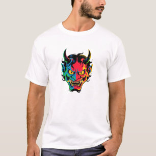 Neon Oni Rage Colourful Japanese Demon Mask Vecto T-Shirt
