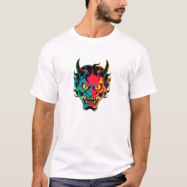 Neon Oni Rage  Colourful Japanese Demon Mask Vecto T-Shirt (Front)