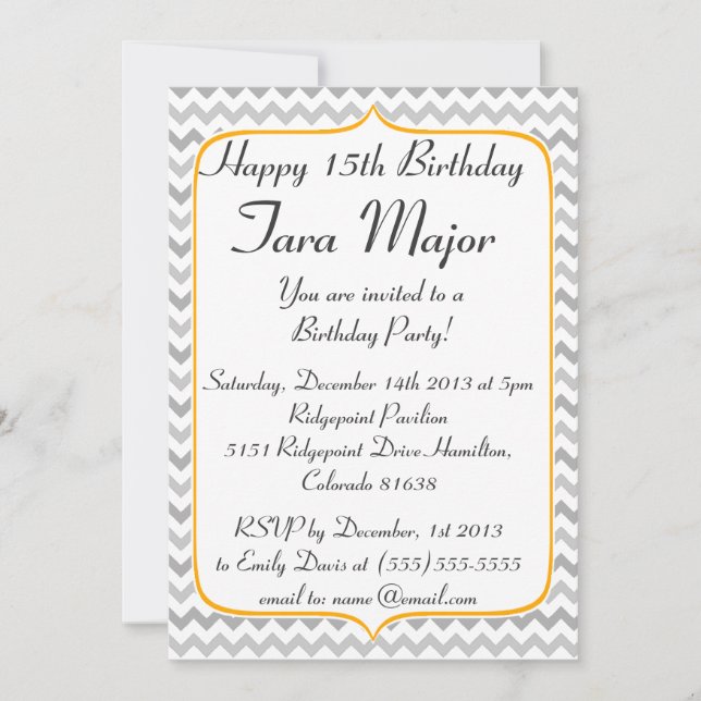Neon Orange and Grey Chevron Birthday Invitation (Front)