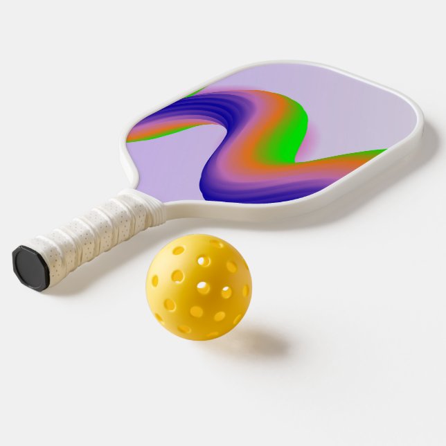 Neon orange, blue and green waves on purple pickleball paddle (Laydown 2)