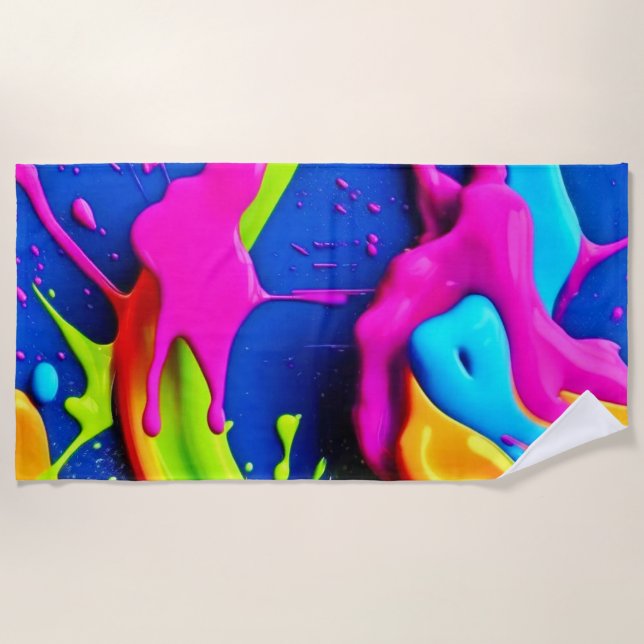 Neon Paint Drip Art Beach Towel (Front)