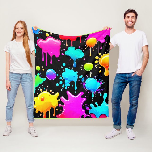 Neon Paint Drips Design Fleece Blanket (In Situ)
