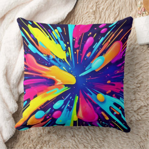  Neon Paint Explosion on Dark Canvas Cushion