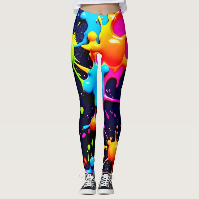 Neon Paint Splatter Abstract Art Leggings (Front)
