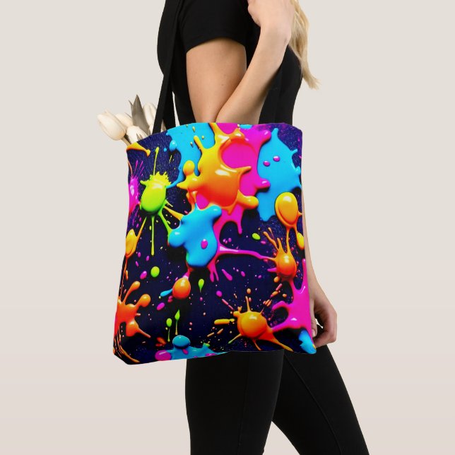 Neon Paint Splatter Abstract Art Tote Bag (Close Up)