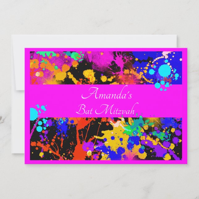 Neon Paint Splatter Bat Mitzvah Invitation (Front)
