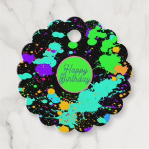 Neon Paint Splatter Happy Birthday   Favour Tags