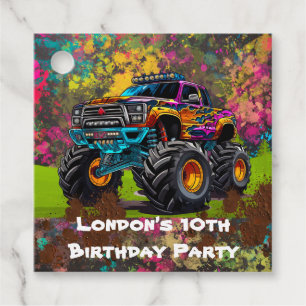 Neon Paint Splatter Monster Truck Birthday Party Favour Tags