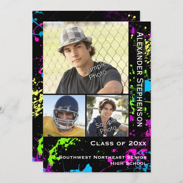 Neon Paint Splatter Photo Graduation Invitation (Front/Back)