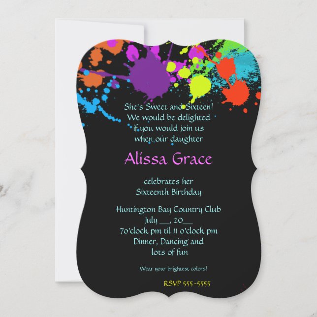 Neon Paint Splatter, Sweet Sixteen, Invitation (Front)
