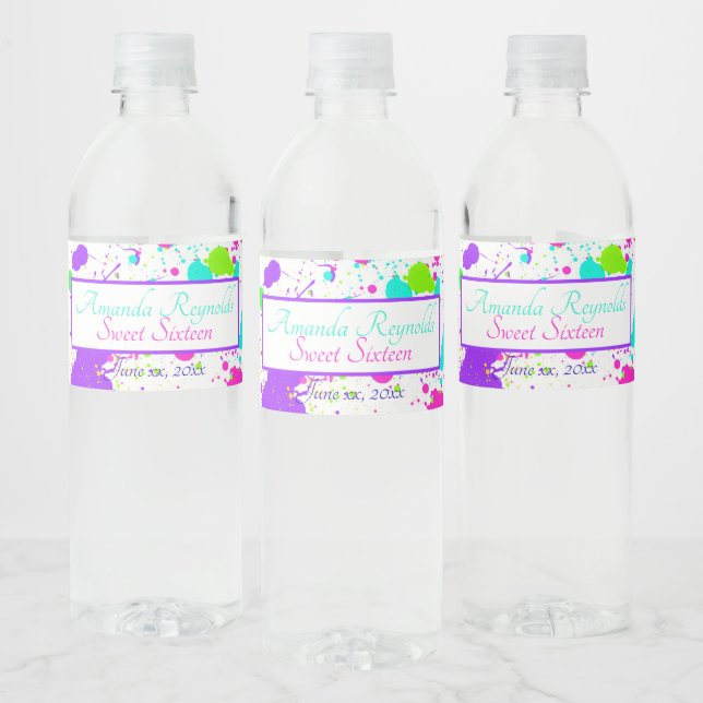 Neon Paint Splatter Sweet Sixteen Water Bottle Label (Bottles)