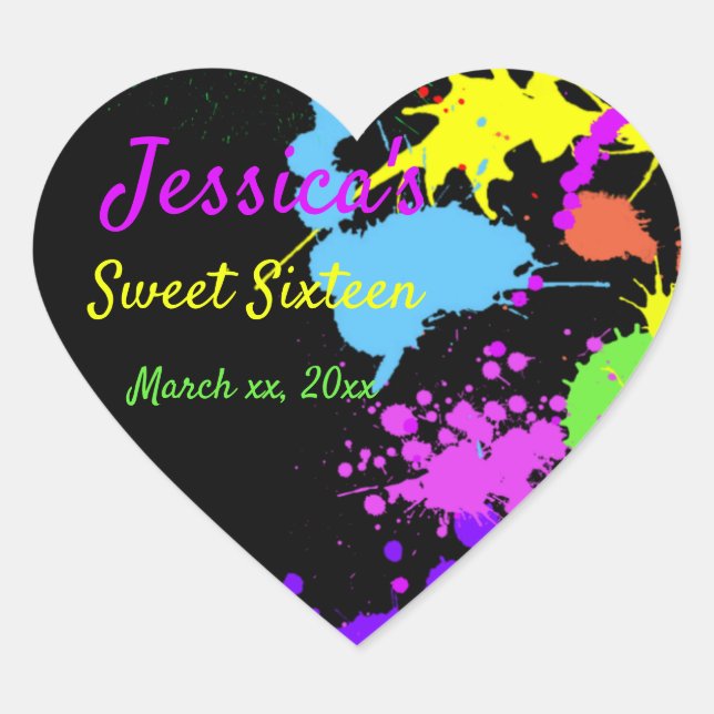 Neon Paint Sweet Sixteen, Bat Mitzvah, Custom Heart Sticker (Front)