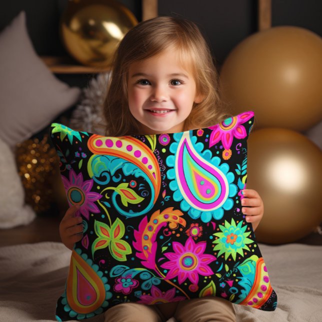 Neon Paisley Black Pink Blue Colourful Cushion (Cute neon pink, blue, and green paisley on black decorator pillow)