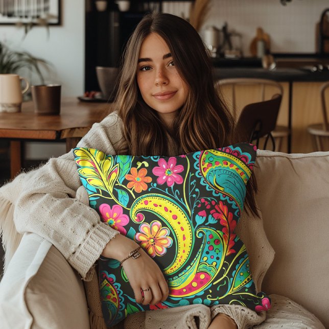Neon Paisley Black Pink Blue Yellow Cushion (Neon pink, yellow, and teal paisley decorator pillow.)