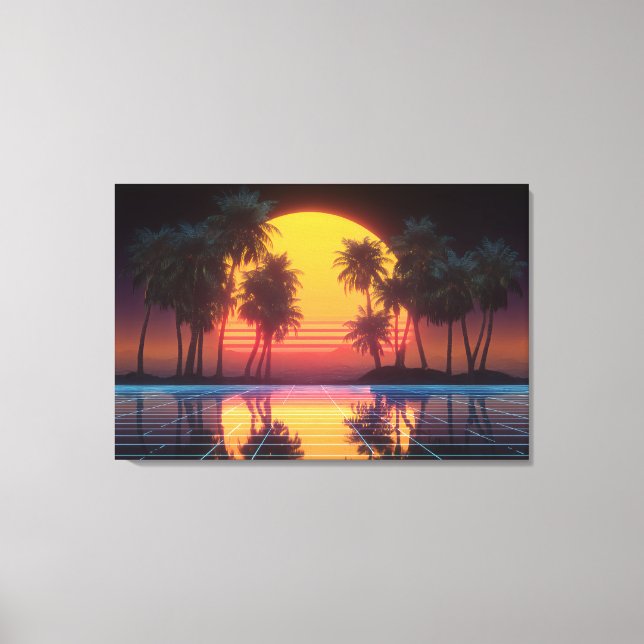 Neon Palm Grid Sunset Canvas Print (Front)