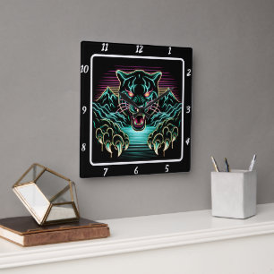Neon Panther Glow Square Wall Clock