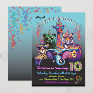 Neon Party Animals Birthday Party Invitation