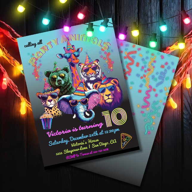 Neon Party Animals Birthday Party Invitation (Creator Uploaded)
