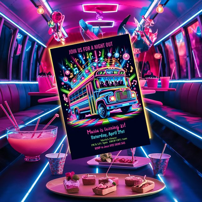 Neon Party Bus 21st Birthday Invitation (Creator Uploaded)