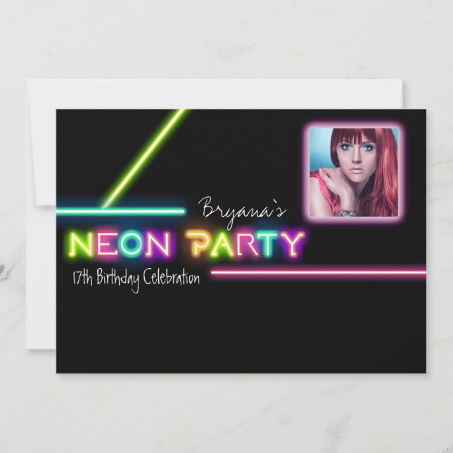 NEON PARTY Glow Photo Birthday Party Invitation (Front)