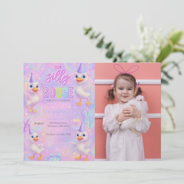 Neon Pastel Silly Goose Birthday Party Photo Invitation (Standing Front)